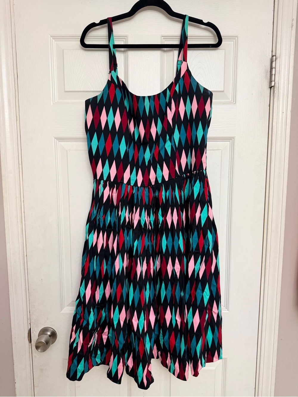 Pinup Couture Black Dress with Pink Teal and Red Diamond Print